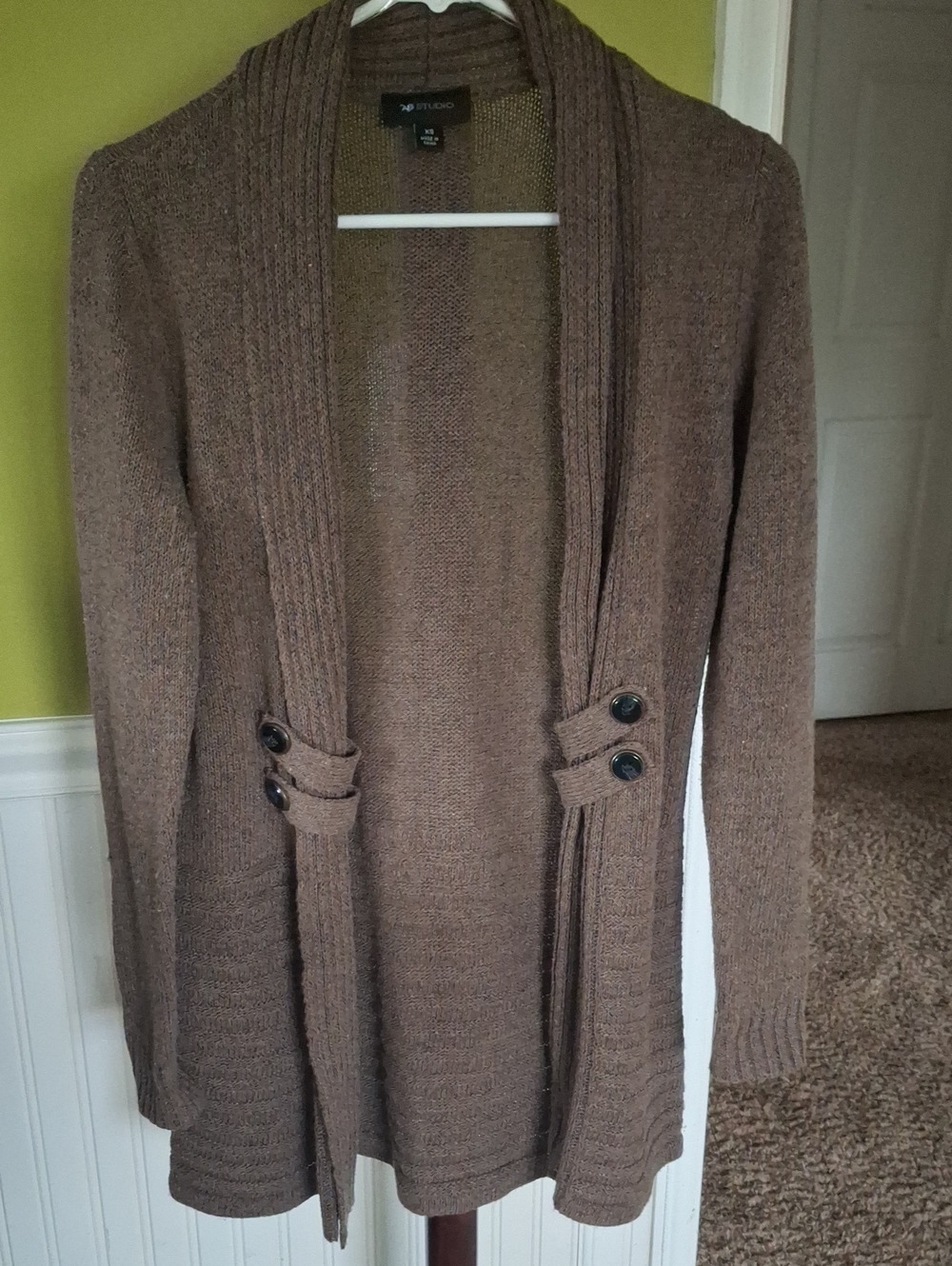 AB Studio Brown Open-Front Shawl Collar Cardigan with Button Tabs